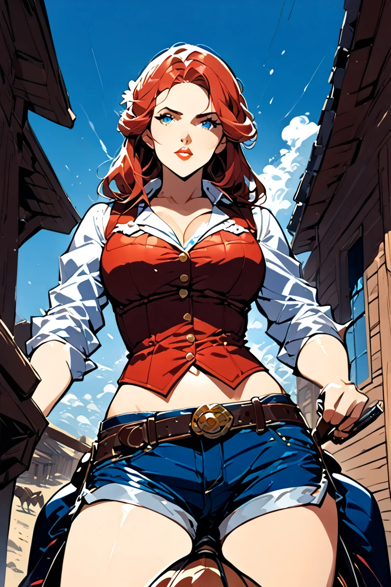 A medium breasted redhead holding a sword behind her back, wide hips, thin waist, beautiful full red lips, lush wavy hair, long torpedo shaped tits, brown pants, loose white blouse