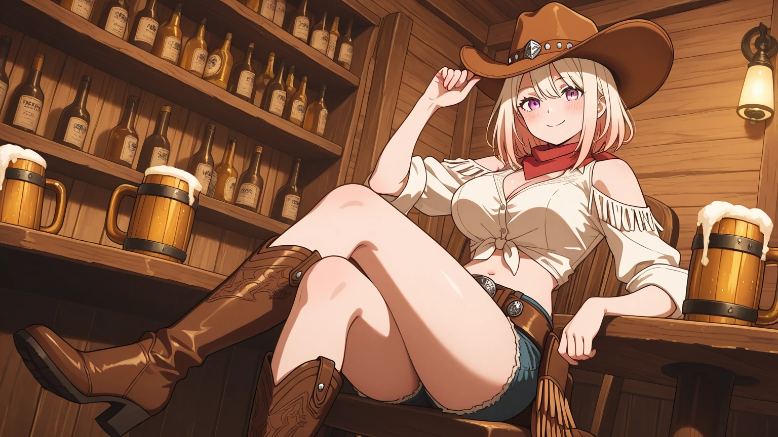 <lora:offset_0.2:0.1>, <lora:xl_more_art-full_v1:0.75>, <lora:add-detail-xl:0.75>,
score_9, score_8_up, score_7_up, BREAK source_anime, rating_explicit, best quality, masterpiece, anime screencap,source_anime,(ai-generated:0.4),
kcl, <lora:Pony_kcl_v1_XL-000024:0.75>,
1girl,
large breasts,navel, covered nipples,cleavage,
seductive smile, open mouth, one eye closed,wink,
thighhighs, gloves,boots,garter straps,thong,underwear,
pubic tattoo,
sitting on wooden chair,crossed legs,
holding beer mug, cheers,
looking at viewer,
fantasy,in Lively taverns,