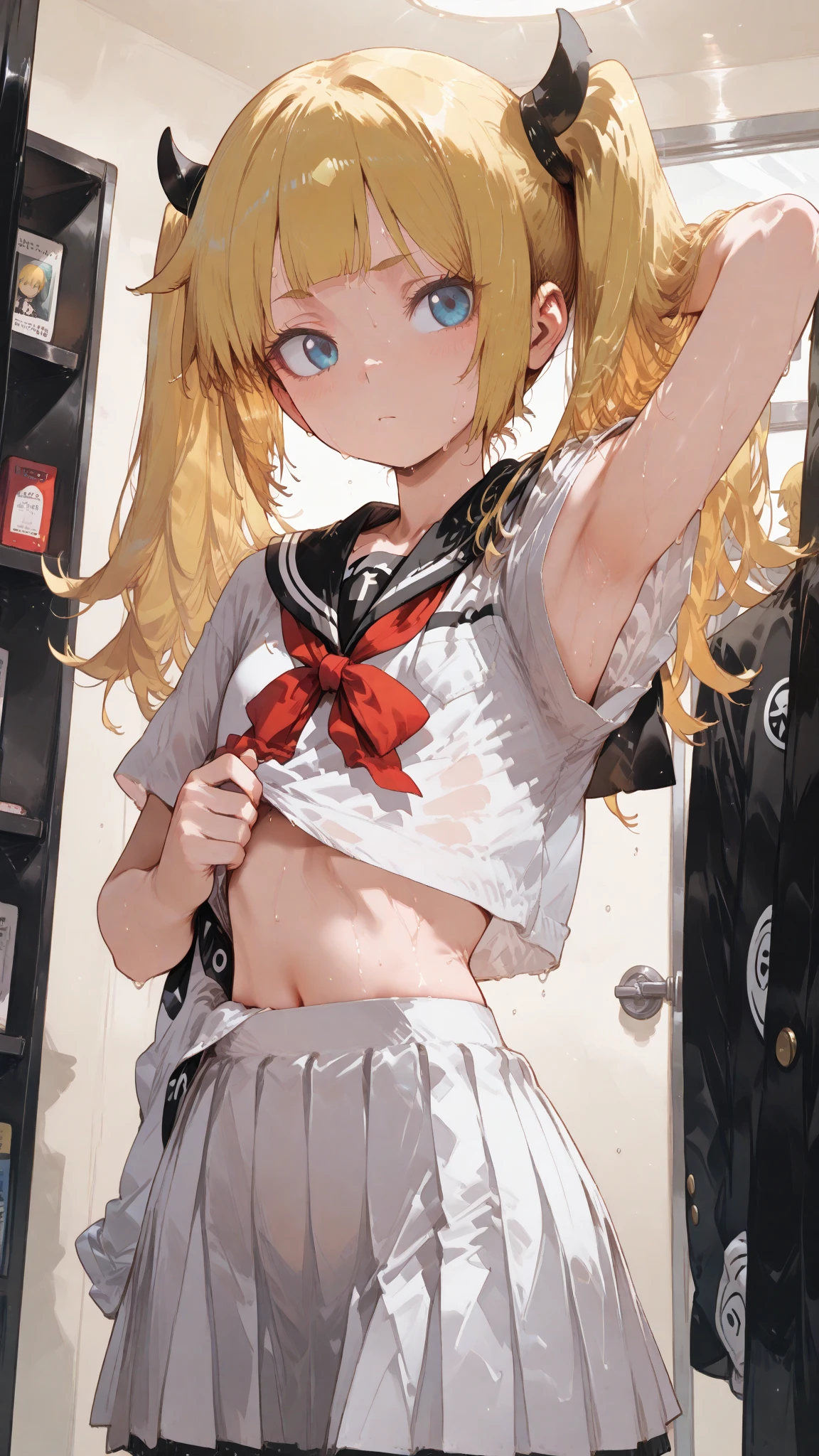 masterpiece, best quality, 1girl, lifiru\(mareless\),lifiru\(reguler clothes\), dark green skirt, blonde hair, blue eyes, ((close up face)), portrait, 8k, ultra-detailed, ((flat chest)), outside, mid century town, day, 1girl, solo, embarrassed , blush, looking at viewer, (open shirt), nsfw, nipples, white bra, bra lift, upper body