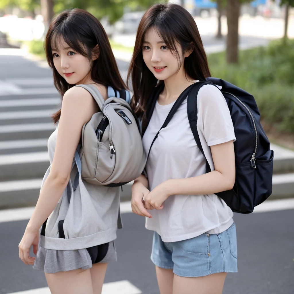 Very attractive with a backpack, I rode a bicycle. middle School girls.barefoot.bikini.ponytail.The illustrations are in high resolution with 4K resolution., Highly detailed facial features and cartoon-style visuals.