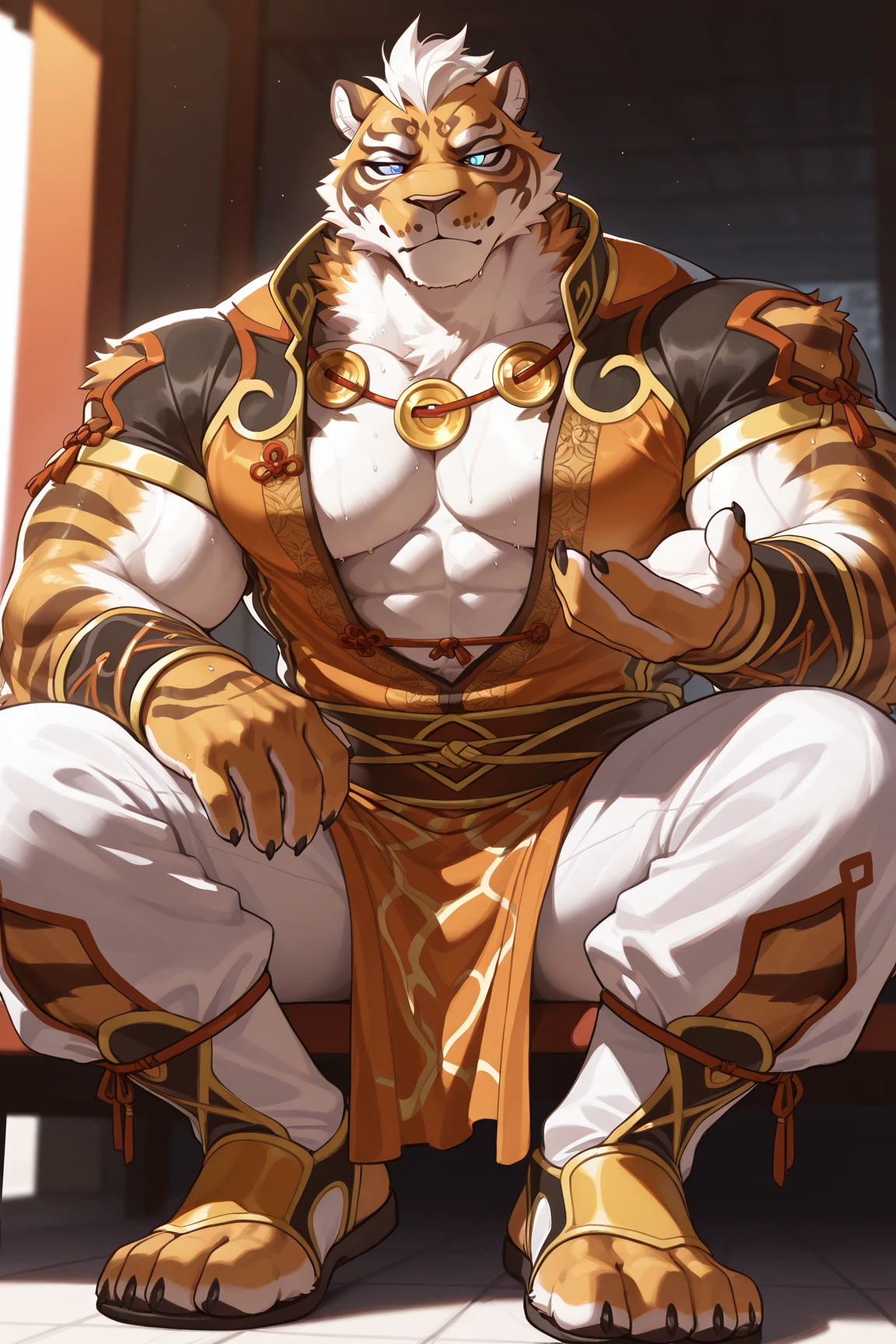 (Masterpiece, excellent quality, best quality) Unreal Engine 5.1, upright, Chinese architecture, strong muscles, naked, wearing a loincloth, hair color is light yellow, pale yellowish white hair, barefoot, soles of the feet in front, right feet, right hands, holding a sword
