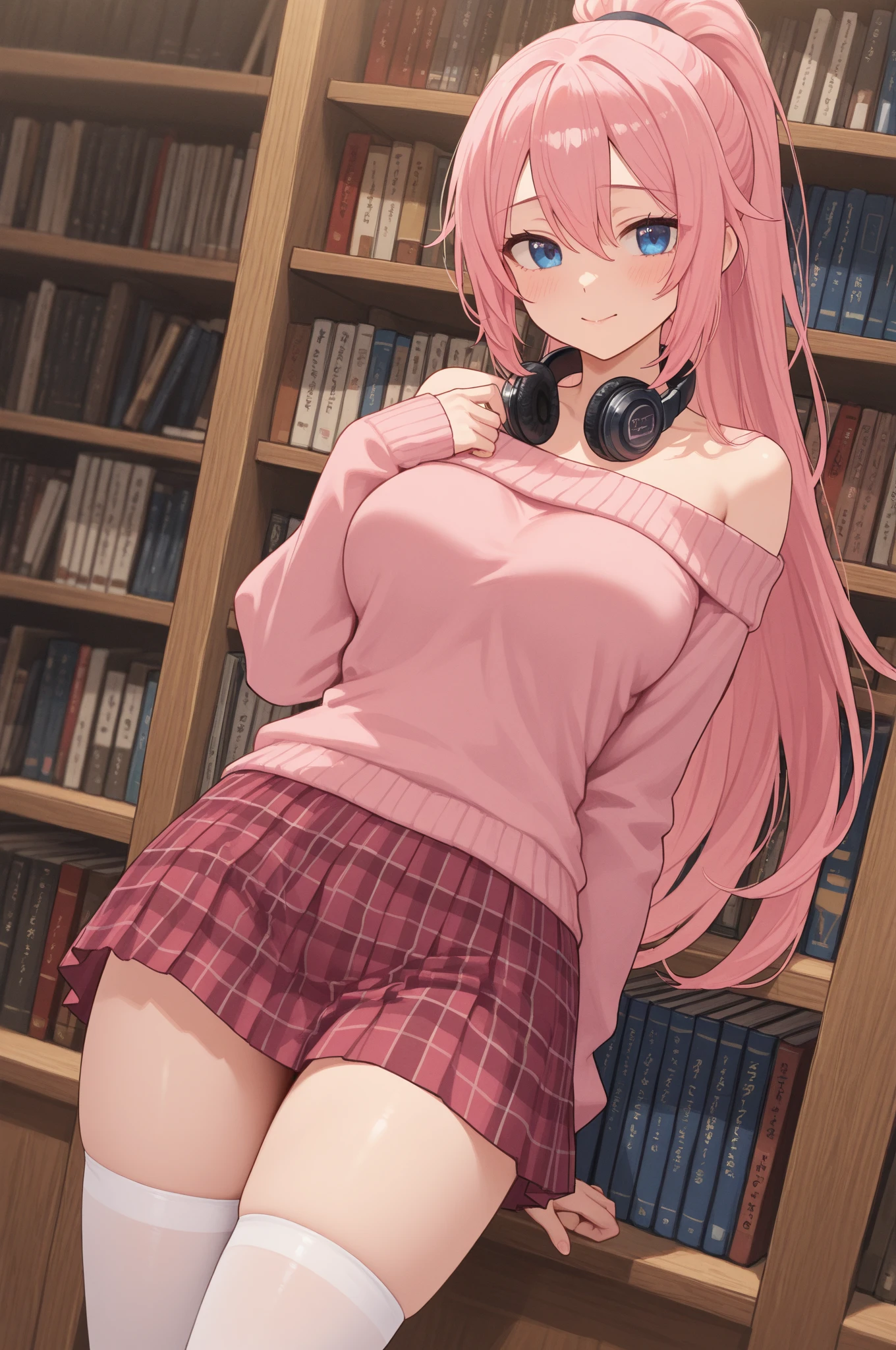 I want a young girl with pink hair, with big tits, and big hips, with a short tight skirt, with a tight top, in a cafe while reading a book