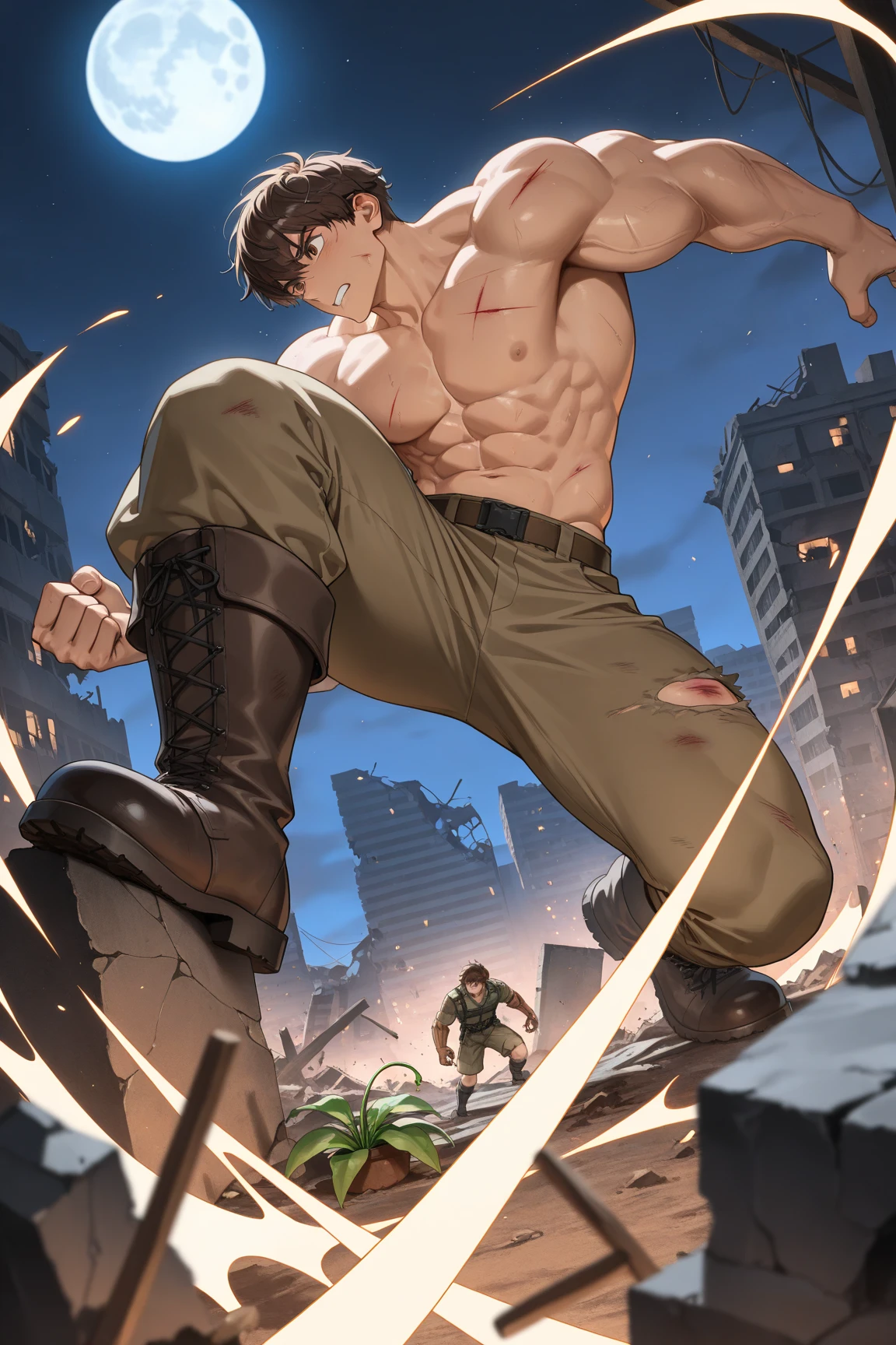 very attractive and handsome man naked many wounds bleeding. a knife in his hand at a party very detailed whole body everyone very scared the man laughing the scared guests. There is a lot of violence and a lot of people fighting. A spacious room and much light should be seen