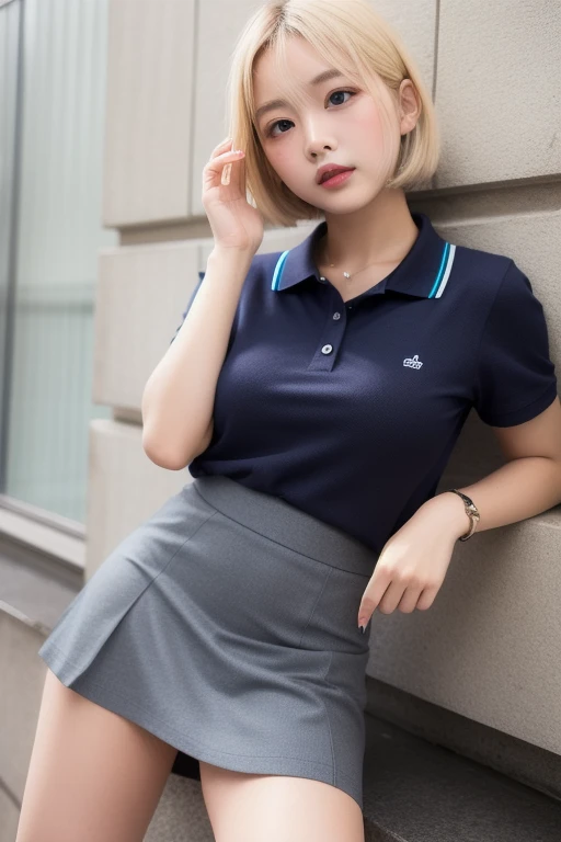 (Realism), (Highest resolution), ((Hyper absurd details of realistic perfectly round brown_eyes:1.3 in hyper absurd quality and resolution)), (light pale complexion), ((Hyper-realistic sharp eyes, clear absurd quality, not blurry)), ((finely detailed pupils:1.4)), (Perfekt makeup:1.35), ((Hyper details symmetrical lips:1.3)), (light glossy pink_lipstick:1.35), ((Ultra detailed realistic long_blue_eyelashes:1.25), Ultra absurd quality), ((perfect dark_eyeshadows:1.45)), (above the knee shot:1.21), (Close your mouth:1.21), (high quality:1.4), (Ultra-realistic), UHD, (masterpiece:1.2)), (Improvement of quality:1.4), (Very beautiful facial details), (best High quality realistic skin texture:1.4), Hyper Photorealistic ((portrait)) a 1. woman, Supermodel, 17 years old, Perfect Anatomy:1.37, Japanese woman, high school girl, Boyish woman, gravure, sexy, (Black shirt:1.21), (Black short-sleeved sports polo shirt:1.6), (Navy Pleated Skirt:1.21), (By the vast summer pool:1.37), Very detailed, (Dark brown eyes), Symmetrical eyes, Thin lashes, Sharpen your eyebrows, (Perfect eyes of the most absurd quality:1.25)、Perfect composition, (tired, Sleepy and satisfied:0.0), (Beautiful Lips:1.33), (Great nose:1.2), (Flat Chest), (Slim lower body), (handsome short hair:1.37), (Black Hair:1.21), Let your bangs hang long, ((Sharp focus)), dramatic cinematographic lighting,