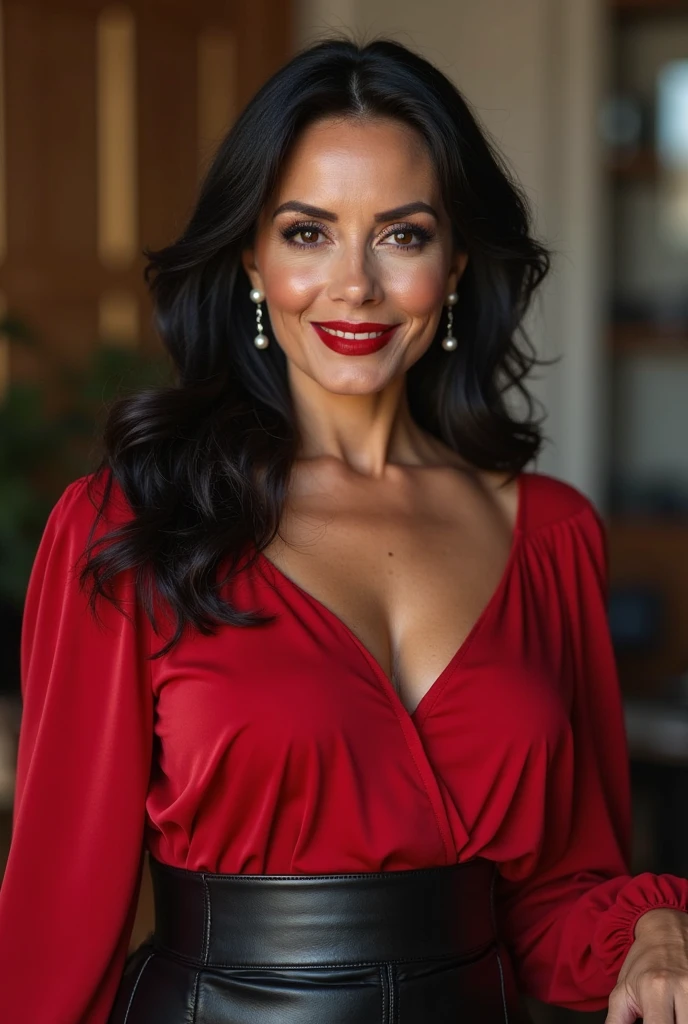 8k, absurdres, masterpiece, best quality, <lora:sandracuevas-10:0.7> sandracuevas, a woman in a red sweater dress, bare shoulders, long sleeves, (white hairband:1.2), upper body, looking at viewer, smile, indoors, simple background,
