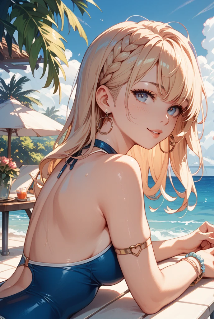 (masterpiece, best quality:1.2), full body, 1girl, (solo), Android 18 from Dragon Ball, ((string bikini, paste bikini, side-tie bikini bottom)), (wariza, sitting), medium breasts, blunt bangs, short blonde hair, (blue eyes), earrings on earlobes, slim, slender feminine figure, skinny body, blush, sky, magnificent view, blur background, 4K, open mouth, beach, smile, (Sandy Beach), beautiful butt, (back view), (crossed arms), side boob, back shot, Tanabata, night, moon,