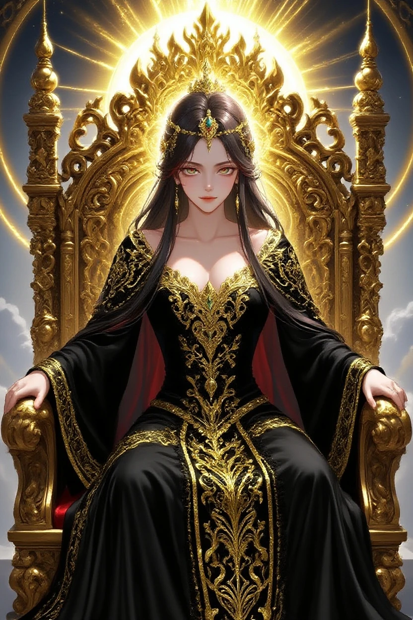 image woman sitting on a chair with a golden throne behind her, ((a beautiful empress)), beautiful and seductive realistic anime woman, black and gold military uniform