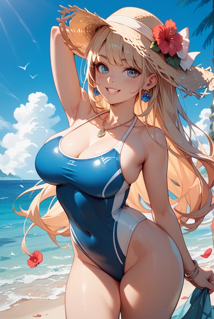 NSFW , ultra detailed, hyper detailed, best quality, highres, 4K, field of flowers, , looking at viewer, puzzled, happy, , shy, very long hair, wave hair, gradient hair, tall, slender,huge breasts, beautiful breasts , competition swimsuit, ,wet, dappled sunlight,