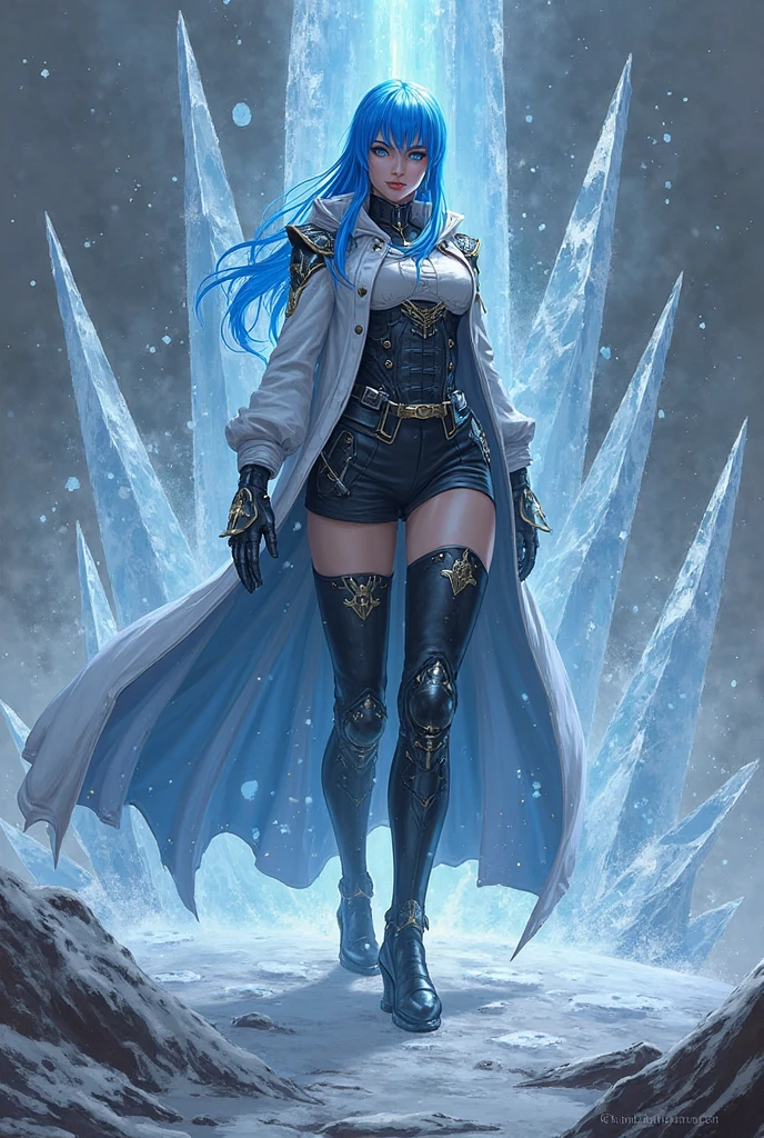 1girls, female mage,Delicate and beautiful face, get blush, Blue pupil,blue hairs,long hair flowing,Angry, Parting lips, Busty chest,Convex buttocks,White military uniform, White military cap,White lace-up boots,perfectly proportioned, Detailed clothing details, icy mountains,Ice Lake,Surrounded by magic arrays,Ice and snow effects,Cinematic lighting, filmgrain, Fujicolor, Contrast of light and shade, 8K, Masterpiece, Textured skin, Super detail, hight detail, High quality, high resolusion,