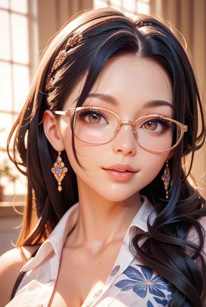 A woman wearing delicate round glasses,Gold frame round glasses, Wavy Hair、Long black hair with no fuss、Beautiful long hair、 (Highly detailed eyes, Highly detailed face)、Sparkling, shining eyes,Attractive adult pretty woman、Ultra-high resolution, Realistic,Elegant clothes like an actress、Portrait facing the front、Golden Ratio、Highest quality、Library、A bright room with soft light
