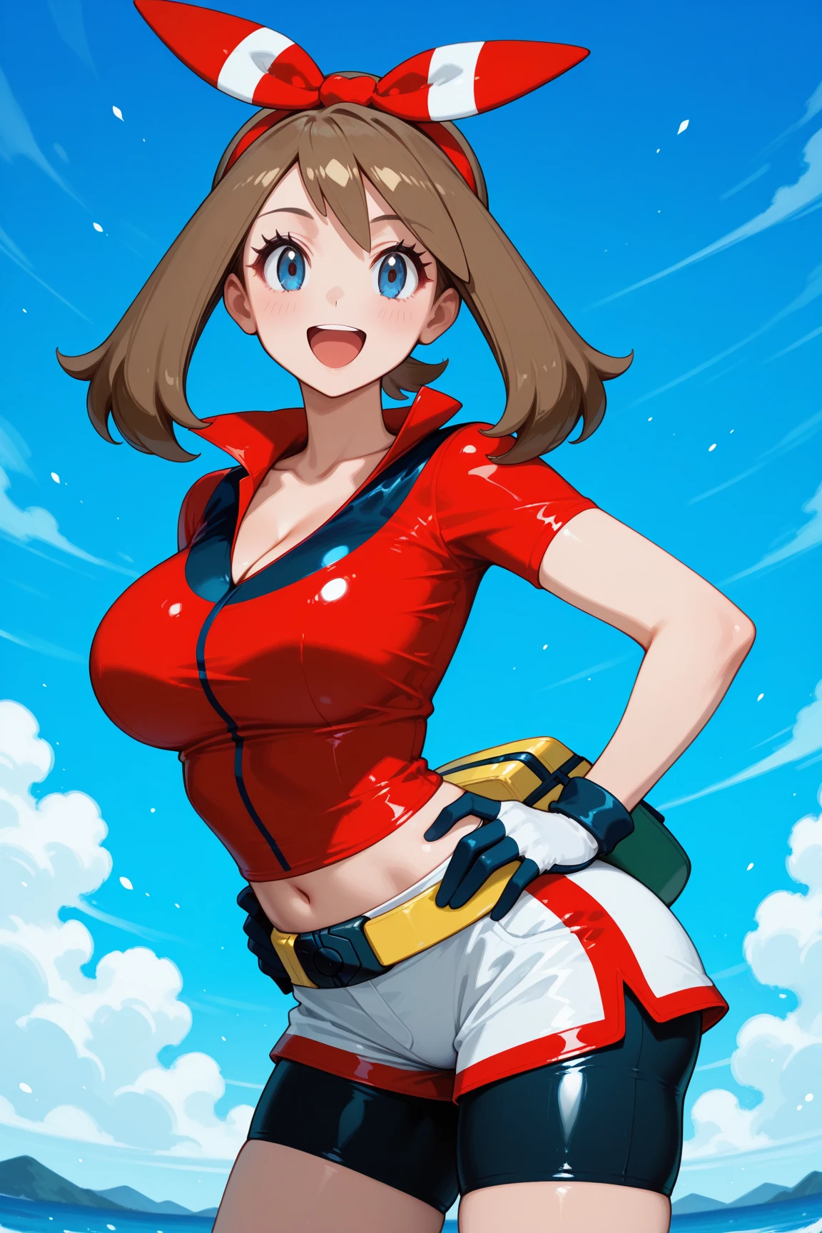 ,may \(pokemon\), bandana, shirt, skirt, bike shorts, gloves, fanny pack,1girl,bike shorts,brown hair,eyelashes,grey eyes,leg hold,looking at viewer,medium breasts,sleeveless shirt,red shirt,bike shorts under shorts,blue eyes,red hairband,white shortssolo,