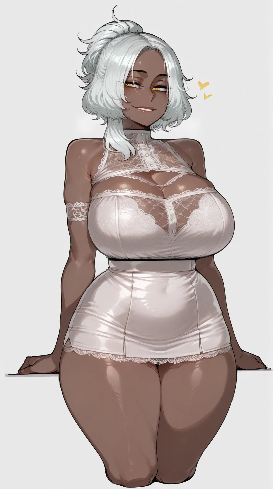 best quality, 4k, ((masterpiece)), extremely detailed, 8k, trending on ArtStation, Intricate, High Detail, Sharp focus, <lora:KelvinHiuArtist-20:1>, flat colors, sketch, 1girl, rolalmw <lora:rolalmw:0.7>, 1girl, solo, short hair, white hair, hairband, black panties, white shirt, t-shirt, purple eyes, standing, parted lips, black lips, ((simple backgound, white background)), (thick thighs, wide hips), (panties), ((tank top, white topwear)), (((large breasts, beautiful huge breasts))), (upper body), ((beautiful face)), parted lips, <lora:more_details:0.7>, (vest, sleeveless), sxspnts <lora:sxspnts:0.8>, 1girl, panties, highleg, thick thighs, ((wide hips)), tank top, pale skin