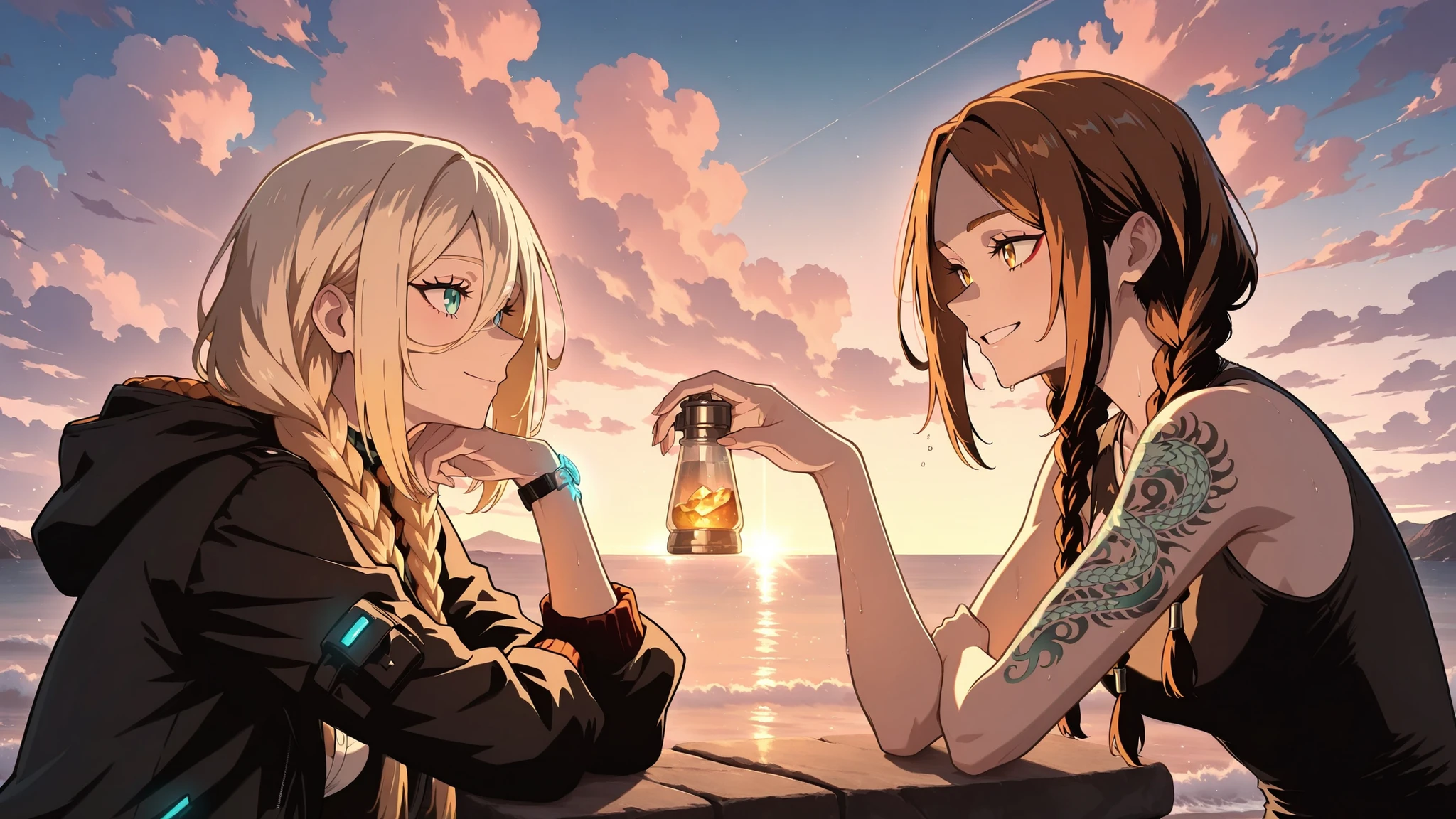 Meisterwerk, best quality, amazing quality, STABIL_Yogis_pdxl_Positiv fingerlos_Handschuhe, cloud_tattoo, geschlossener_Mund, 1 girl, absurdes, high resolution, Allein, Arm_tattoo, braune_Handschuhe, haltend_Waffe, _\, Zwilling_Braids, smile, gradient_Hintergrund, braune_Hemd, kahler_Schultern, Hand_hoch, Ernte_Spitze