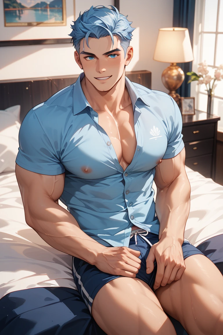 (College boy, cool) muscular lean body, white georgette shirt, blue coloured jeans pant, no expression, detailed hands and legs and good face. Sitting and looking at camera. Bedroom scene with detailed ornamentation of walls.