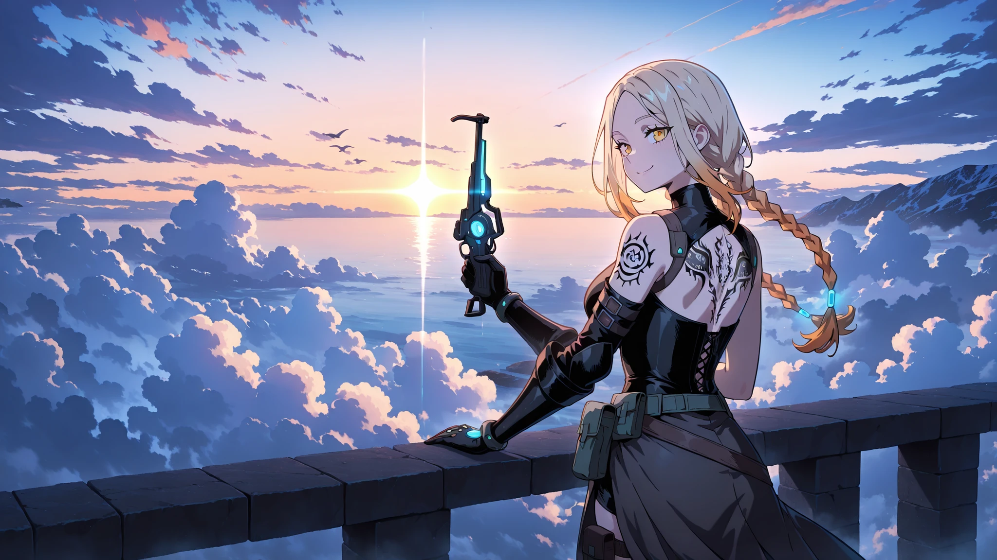 Meisterwerk, best quality, amazing quality, STABIL_Yogis_pdxl_Positiv fingerlos_Handschuhe, cloud_tattoo, geschlossener_Mund, 1 girl, absurdes, high resolution, Allein, Arm_tattoo, braune_Handschuhe, haltend_Waffe, _\, Zwilling_Braids, smile, gradient_Hintergrund, braune_Hemd, kahler_Schultern, Hand_hoch, Ernte_Spitze