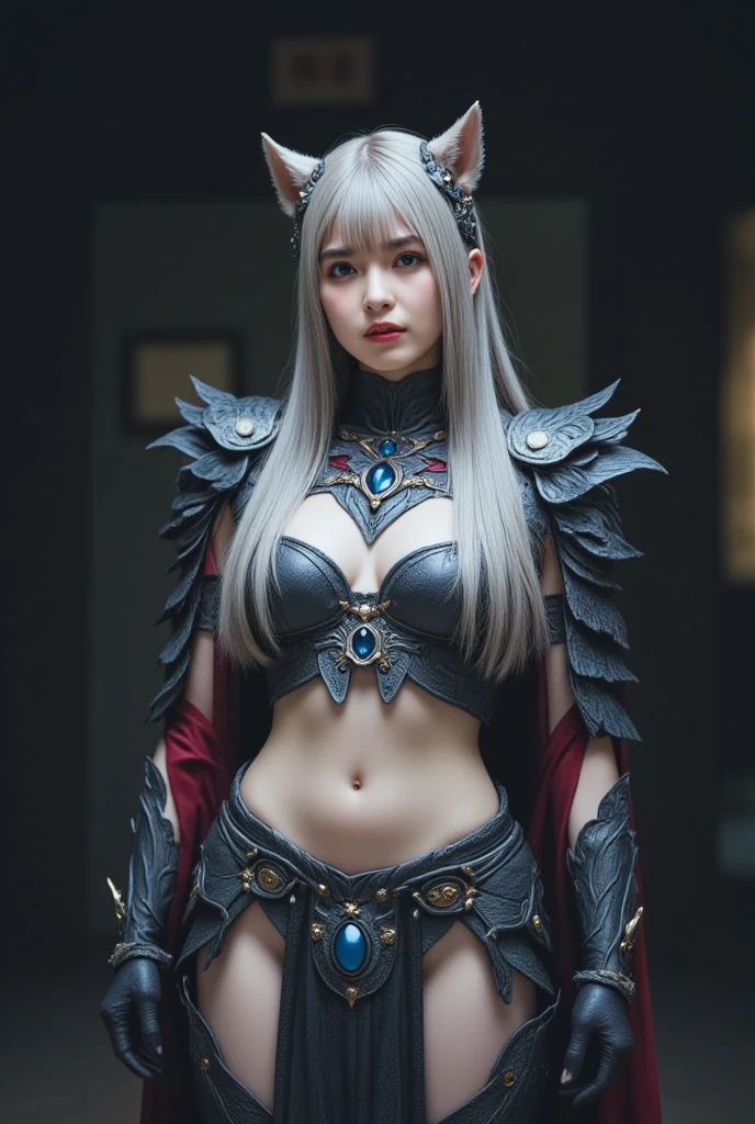 masterpiece, cinematic lighting, UHD, accurate, super detail, high details, high quality, award winning, best quality, highest, 16k Wallpaper, ultra detailed face, perfect anatomy, perfect fingers, huge breasts, slender body, (abs), curvy body, bare buttocks, thin thighs.
silver body decorated with yellow, silver longhair, blue and red feathers on the shoulders, light neckline decorated with yellow, blue and red silver litmus rhinestones, Bustle with layered feathers shield in left hand and sword in right hand.