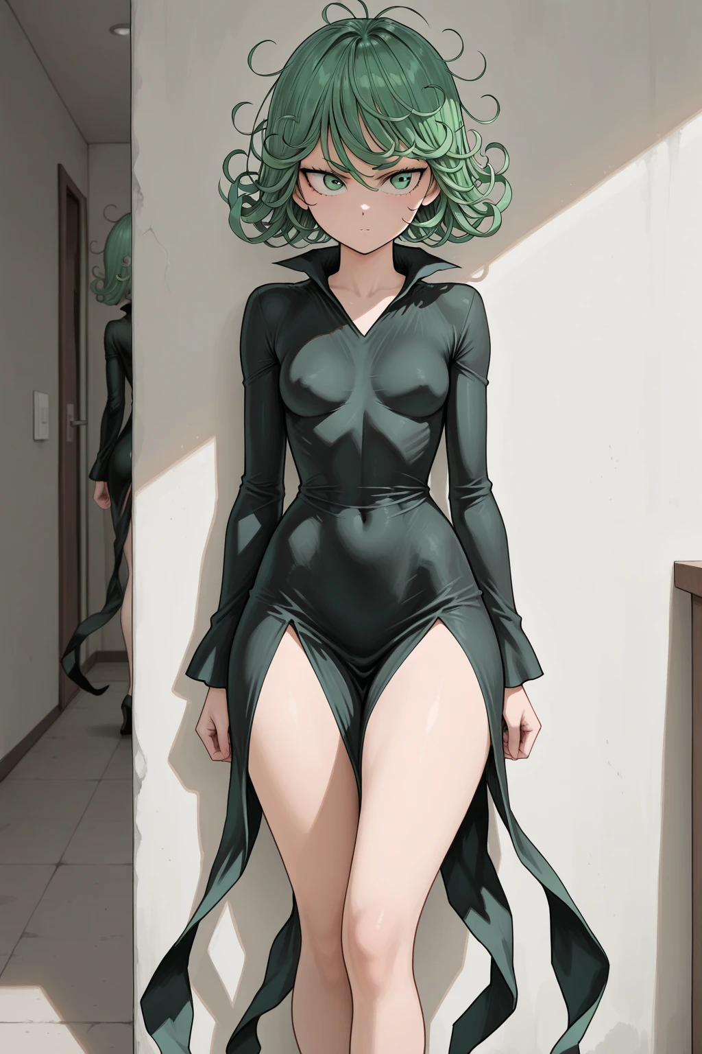 Masterpece, high quality, 1girl, tatsumaki one punch man, green hair, churly hair, green eyes, black wear, black clothes, fullbody, naked, Sexy hentai art, realistic, detail, 8k