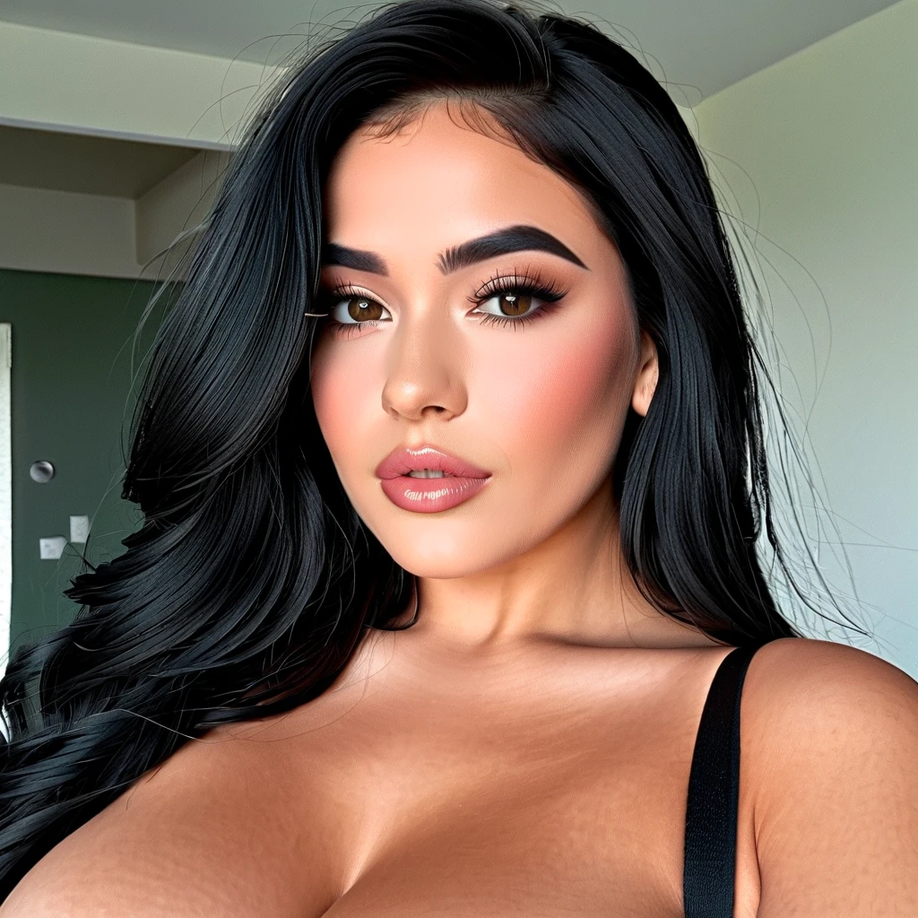 Female with a rectangular face not super chubby, dark hair that is neck level, lots of makeup with dark eyeliner and mascara, really short, fat and has good curves