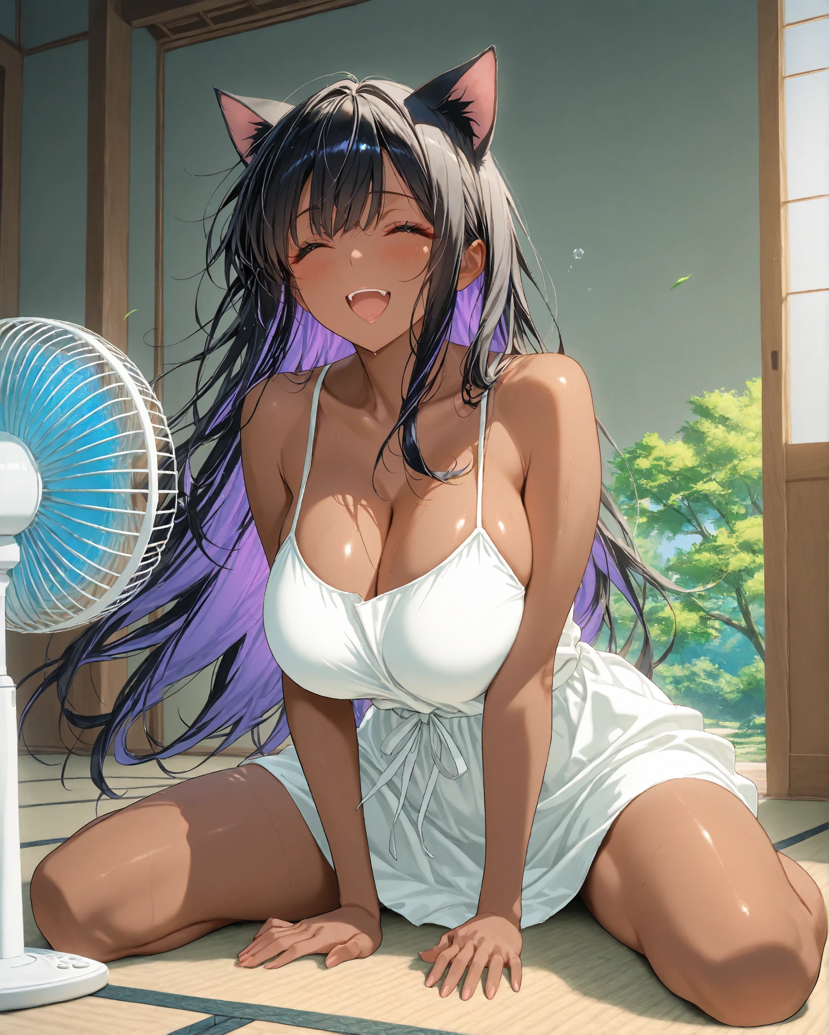 Neko girl with brown skin and brown eyes, with big, big breasts