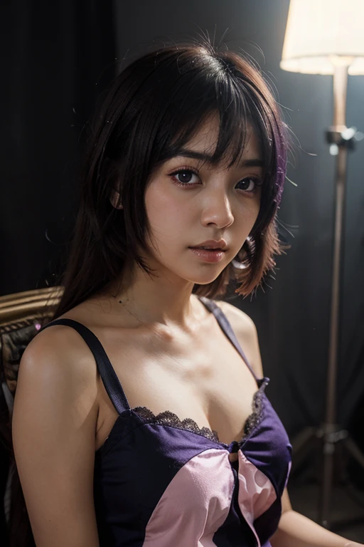 (Lace Lingerie Big Tits: 1.3), A slightly smiling face, (Glamorous Hair), (Purple underwear), Woman bound in chains, Lesbians all over, ((Please put your arms behind your back)), Tied up with a collar, ((Highest quality, 8k, masterpiece: 1.3)), Clear focus: 1.2, Beautiful woman with perfect figure: 1.4, Slim Abs: 1.2, ((Layered Cut, Greater than: 1.4, Tortoiseshell binding)), (rain, High rise office), get wet: 1.5, Highly detailed face and skin texture, Detailed eyes, photograph, Soft breasts and white skin
