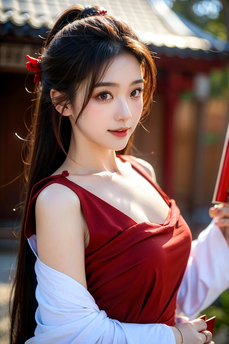 (masterpiece:1.2, Highest quality), Very detailed, (Realistic, photoRealistic:1.4), Beautiful illustrations, (Natural Side Lighting, Cinema Lighting), Very sensual､Written boundary depth, Beautiful shiny bangs, Beautiful Face, A refreshing and bright smile､Beautiful attention to detail, Beautiful clavicle, Beautiful body, Beautiful breasts, Beautiful thighs, Beautiful legs, Beautiful fingers, Perfect Style, ((The whole body glistens with sweat:1.2))､View your audience, Very beautiful 17 year old girl, Perfect Face, Cute and symmetrical face, (Twin tails, Black Hair､Red ruffled hair ornament), Purple eyes,  (Large Breasts, ), Glowing Skin, Accentuate your cleavage, ((Red Chinese Dress､Beautiful and intricate gold embroidery:1.2)), at the park, (Sexy pose), (Cute Smile, Upward glance),