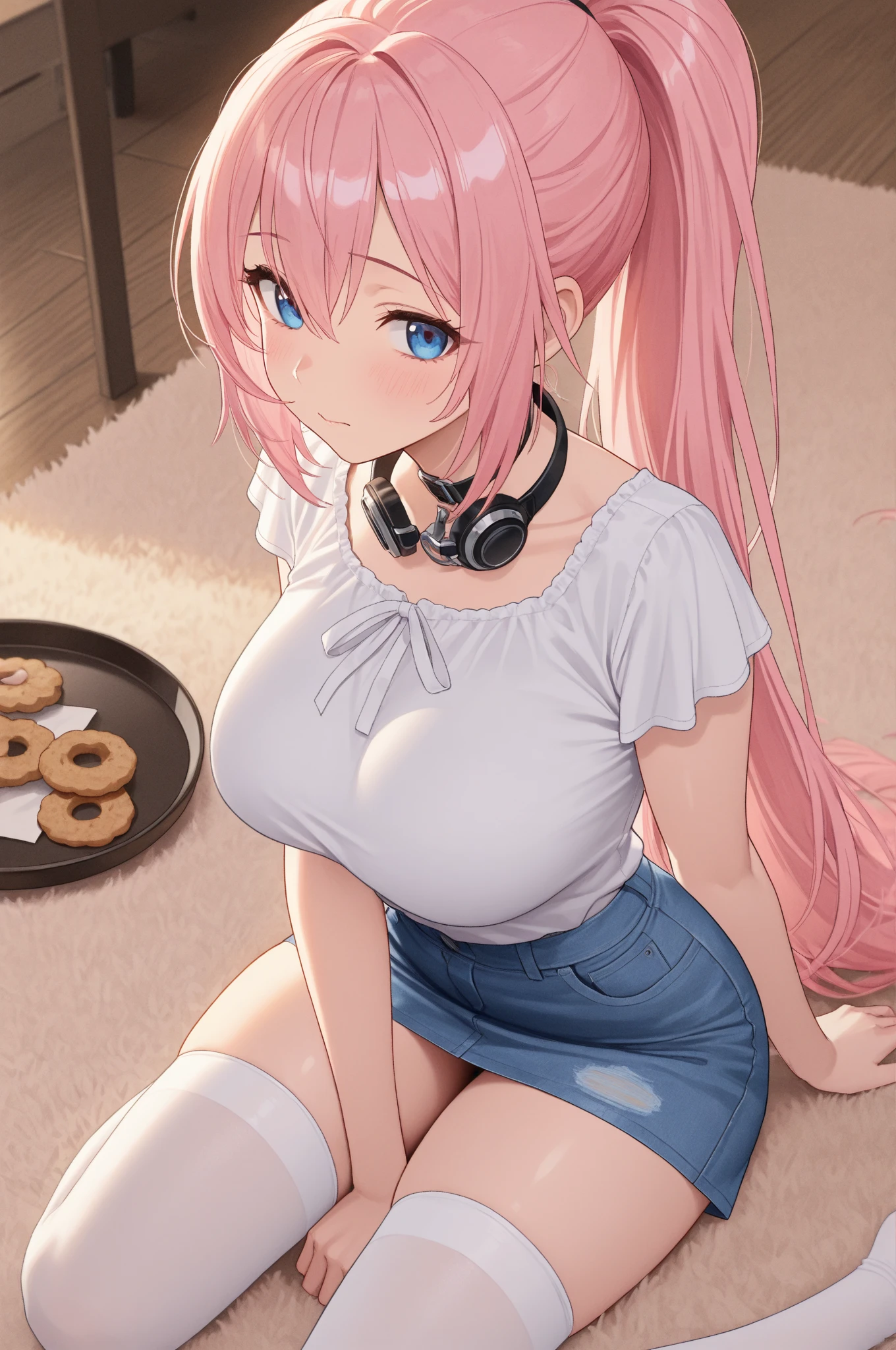 realistic image, detailed image, coherent image, 1 beautiful girl, she has very long hair, pink hair, light blue eyes, she is wearing hair accessories with blue and yellow cube-shaped bows, she is wearing a sweatshirt, showing belly button, pleated mini skirt, sneakers, She has a curvy body, large breasts and thick thighs, she is sitting on her knees, surrounded by guitars, arching her back, inside a room, surrounded by sheets of paper with sheet music, dusk, twilight, soft focus, full body view, dramatic shadows, volumetric lighting, natural lighting,hitori