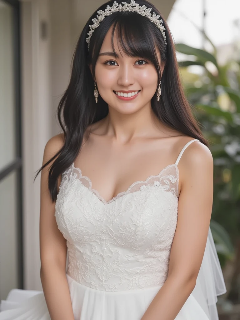 Wedding Photos、Beautiful church、robe blanche、a smile、happiness、Soft light、high quality,8k,best quality,full body,realistic,photo,small face,black eyes,Japan,asian,blue hair,stylish,