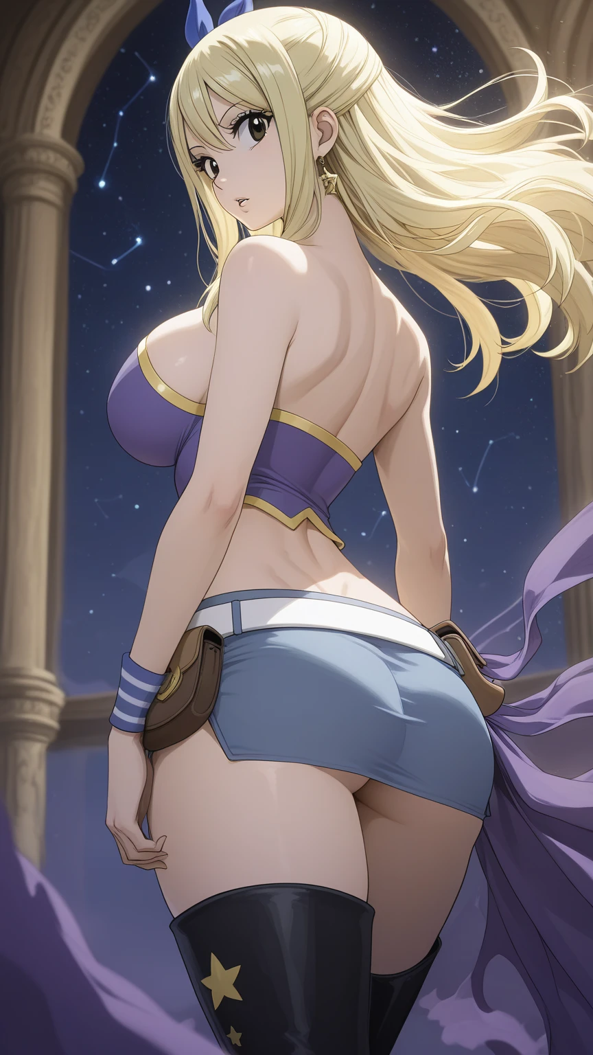 Beautiful 1girl, full body, teenager, solo, (very long waist length blonde hair, straight blonde hair: 1.28), ((light blue eyes)), clear skin, (large darker fox ears: 1.35), pale skin, medium breasts, cleavage, (thin hips, thin waist , athletic body: 1.25), Cap,Black shirt,Black panties,(The bikini),butterflys,Strip Strip,(Trepical Garden:1.2),purple flower,Mostly cloudy sky,rays of sunshine,Tyndall effect,gradient_Heaven,faceeautiful sky,Saber on the waist,enchanting posture,(large full breasts:1.3),(cleaveage:1.3),(Off-the-shoulder costumes:1.5),ssmile, Appearance from behind, butt sticks out