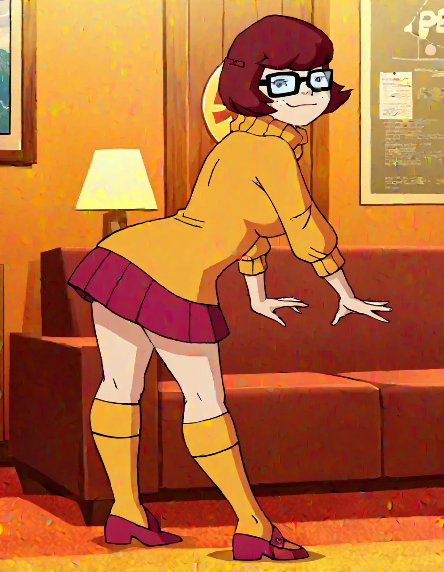 source_cartoon, rating_????????, Velma Dinkley from scooby doo, ear ???, 1girl, 1boy, hetero, kneeling, uncensored, pants, pants pull, belt, ahegao, BREAK white dick, adult, human, white testicles, score_9, score_8_up, score_7_up, score_6_up, score_5_up, score_4_up