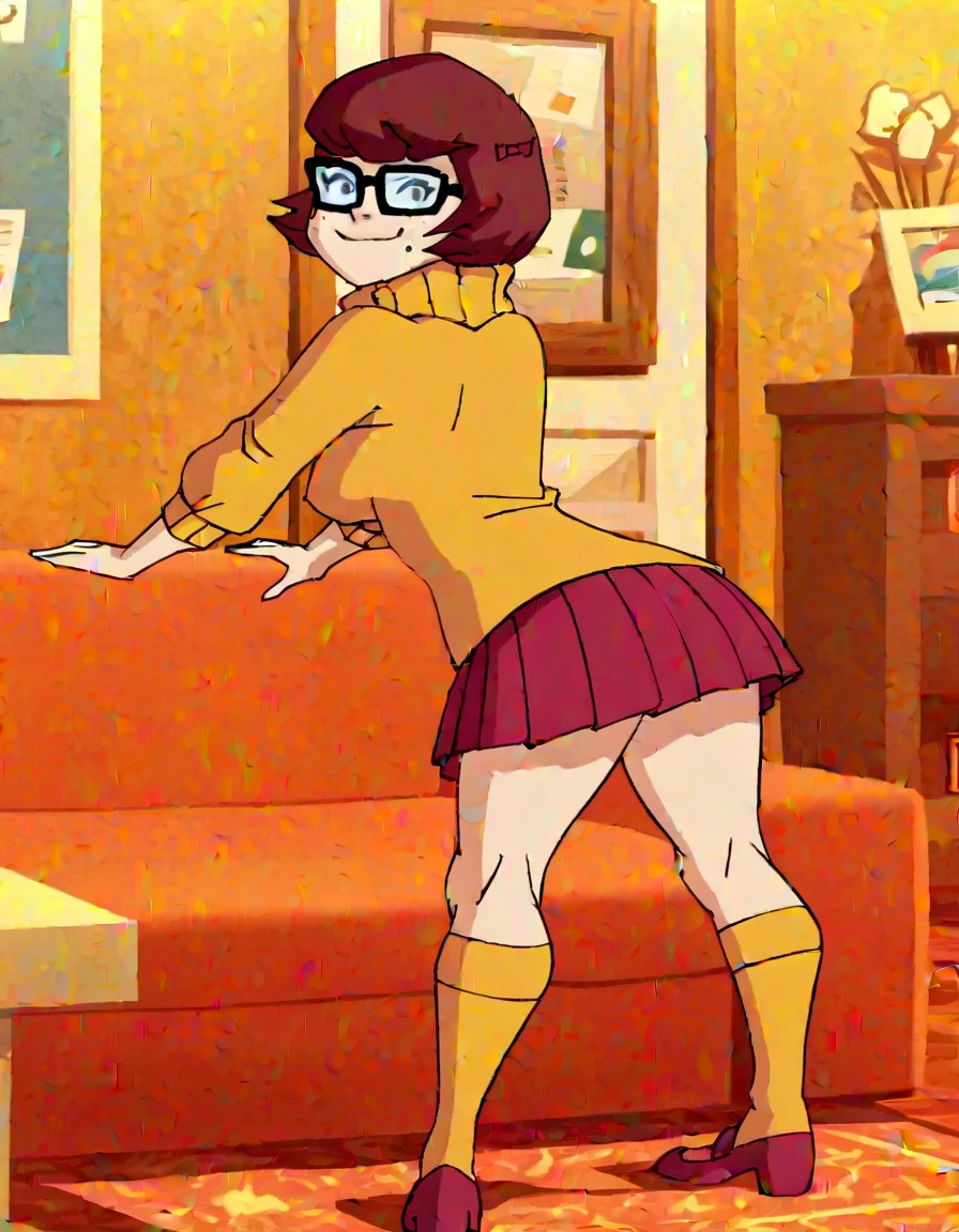 mkvd, 1girl, turtleneck sweater, sweater yellow, red skirt, happy, looking at viewer, full body view, standing, shy, panties , under view, pissing, piss on legs, puddle of urine
