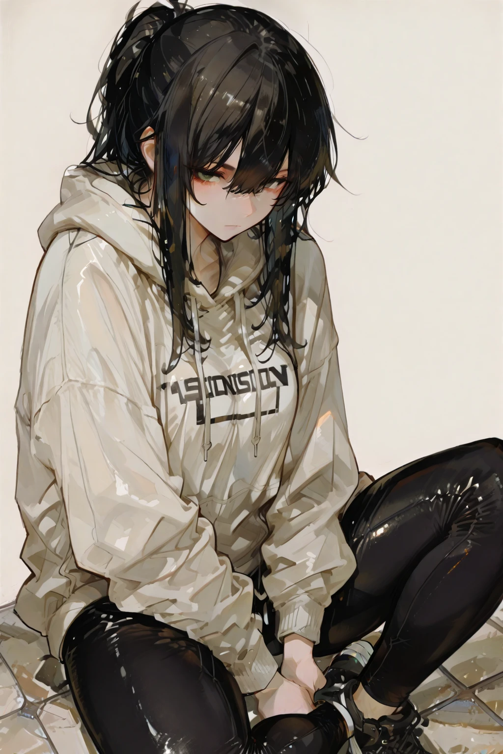 8K Ultra Clear,16-year-old girl,legs are open,half squatting,Black jumpsuits,Lace,with short black hair,British loafers,cleavage, (shirt, tie, pants:0.5) (detailed realistic face), (((hyperdetailed))), zoomed out, symmetrical face, detailed pupil, expressive eyes, makeup, real photography, modern look, Real photography (Realisitc:1.5), han Sooyoung