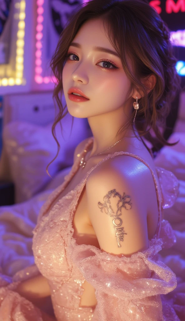 best qualtiy,tmasterpiece,A high resolution,1girl,Porcelain skirt,hair adornments,choker necklace,jewely,beautiful face,Physically,dingdall effect,realisticlying,dark studio,edge lit,twotonelighting,(highdetailskin:1.2),8k uhd, dslr, softlighting, high high quality, volumettic light, sneak shot, photore, A high resolution, 4k, 8k, Background bokeh,huge tit,Japan goddess,Sit on the piano and play,blush