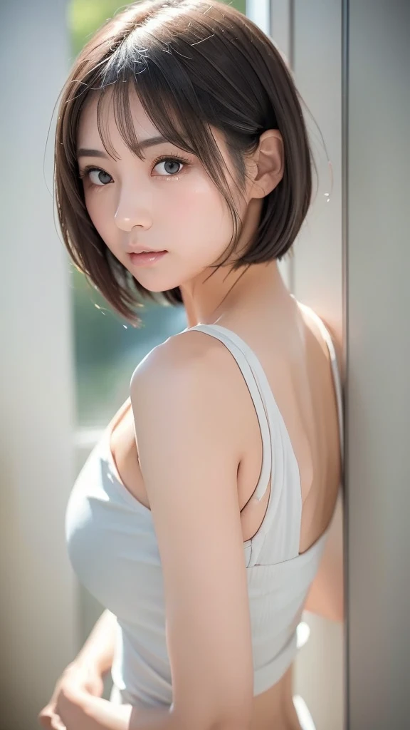 Japanese Girls,(Highly detailed skin),curvy,,Beautiful big breasts,(Big Breasts),Pale skin,Pointed Chest,Erect nipples,(Fantasy art,Best image quality,Hyperrealist portrait,(8k),ultra-realistic,最high quality, high quality, High resolution, high quality texture,Attention to detail,Beautiful details,detailed,Extremely detailed CG,detailed Texture,Realistic facial expressions,masterpiece,in front,dynamic,bold),Adult beauty short hair,A short bob hairstyle with rounded edges that follow the lines of your face、(Very soft hair),(Super Straight Hair:1.5), sleek bangs,Very light coppery amber hair,Hair on one eye、Wearing a badminton uniform、Her clothes fit her body perfectly......、The lines of the body look beautiful、Being in the gymnasium、A scene from the match、whole bodyを描く、whole body