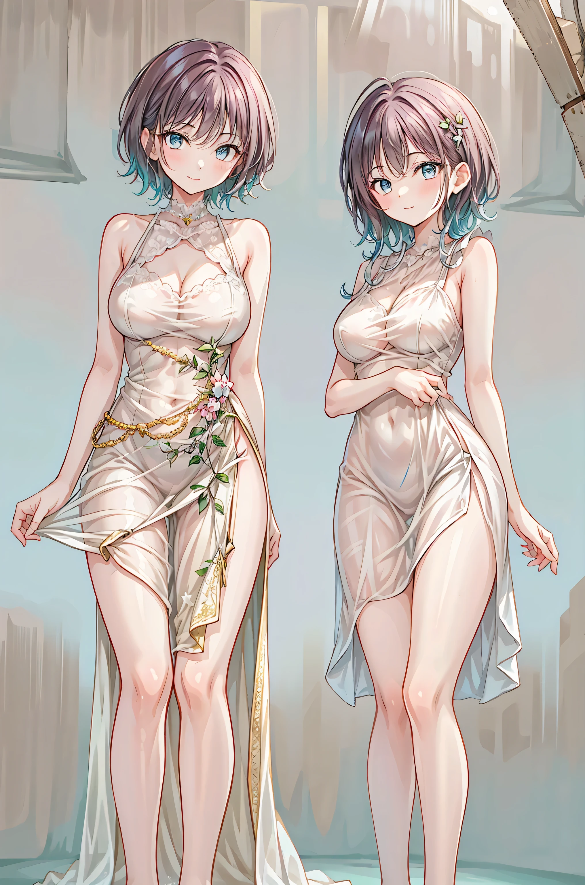 1 female，Attractive anime girl,whole body肖像，whole body，White lingerie，White Thong，Holding a sword，White short hair，Pale skin、Pale skin、Big boobs，较Big ，White sandals，