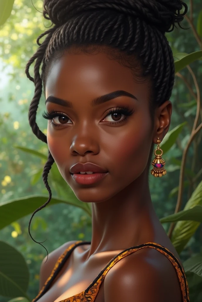 jungle, vines, orchids, mist,{very dark skin}, tan, forehead:0.6, detailed face, detailed nose, detailed eyes,{full lips, parted lips}, flat chest, messy hair, double bun, scrunchie,[[abs]], charcoal hair, detailed translucent clothing, thigh strap, intricate crop top, headband, (loincloth), (sweaty:1.2), drenched, dutch angle, clothes pull, masterpiece, subsurface scattering, embarrassed:1.3, (masterpiece), (detailed:1.3),  bokeh,  dramatic shadows, portrait