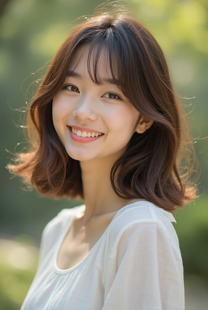 masutepiece, Best Quality, 8K, 20 yo, medium breasts, Raw photo, Professional Photography, Portrait, Soft light, Professional Lighting, Back lighting, Solo, Smile, close up, Cute, Girly, Delicate girl, Neat and clean beauty, Upper body, Looking away, Sophisticated, Film grain, (Eyes and faces with detailed:1.0), Medium length hair swaying in the wind,
