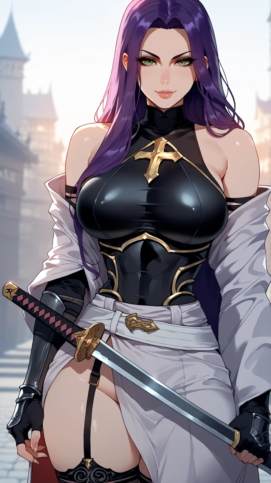 psylocke, light green eyes glossy lips, long hair, purple hair, black shirt, black armour with gold trim , multicolored shirt, steel plate, leotard, fingerless gloves, black elbow gloves, garter straps, bare shoulders, white belt, white belt, black thighhighs, huge , medieval city, sunset, cross, off-shoulder kimono. open white kimono, plate, gold cross on armour. large breasts, holding sword, katana, chest armour, slight smile