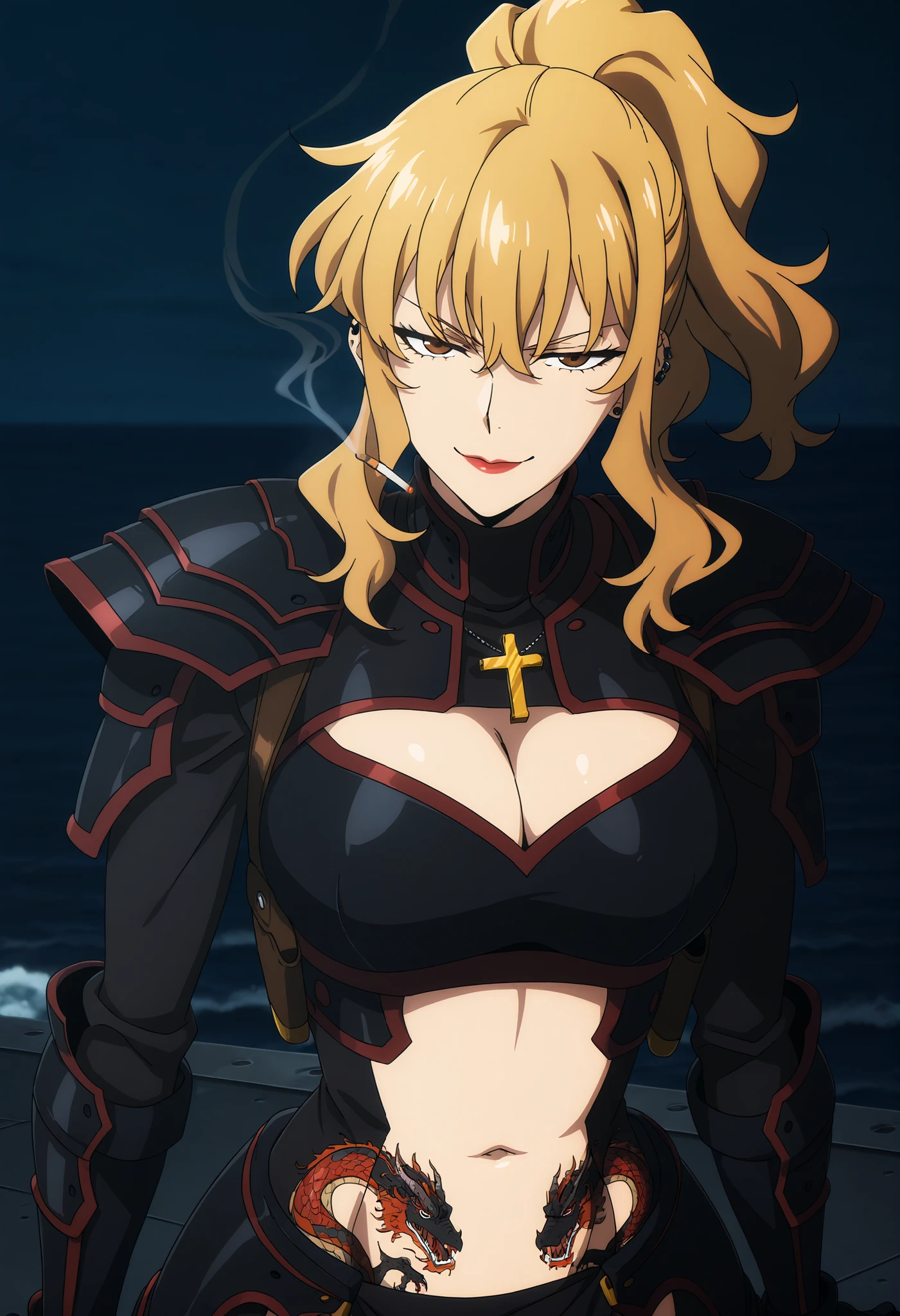1girl, solo, , sea, dark, night, on deck, warship, outside, ,, gina, long hair, blonde hair, brown eyes, sidelocks, wavy hair, hair between eyes, anime coloring, ponytail, turtleneck, shoulder armor, pauldrons, breastplate, full armor, black armor, red trim, black bodysuit, long sleeves, gauntlets, faulds, pelvic curtain, black curtain, unzip zipper, navel cutout, exposed navel, exposed bellybutton, , cleavage, long sleeves, black gloves, smile, ear piercing, long hair, , lipstick,Hot girl, baddie, smoking, bad attitude, mean girl, sensual, attractive, ,cross necklace, , (nsfw) not safe for work , evil expression , belly , exposed navel , exposed midriff , exposed lower belly , shoulder holster ,, navel , medium breast , looking at viewer , dragon tattoo on waist , narrowed eyes , tattoo on waist , anipai_style , anime screencap , anime coloring , v-shape eyebrows ,