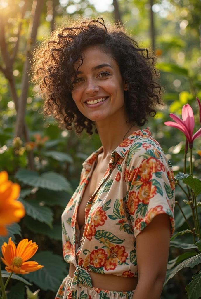 A Brazilian woman in a lush tropical garden, wearing an open shirt with a floral print, with a close-up capturing the harmonious beauty between her breasts and the natural flowers, showing off your natural charm and outgoing personality, new