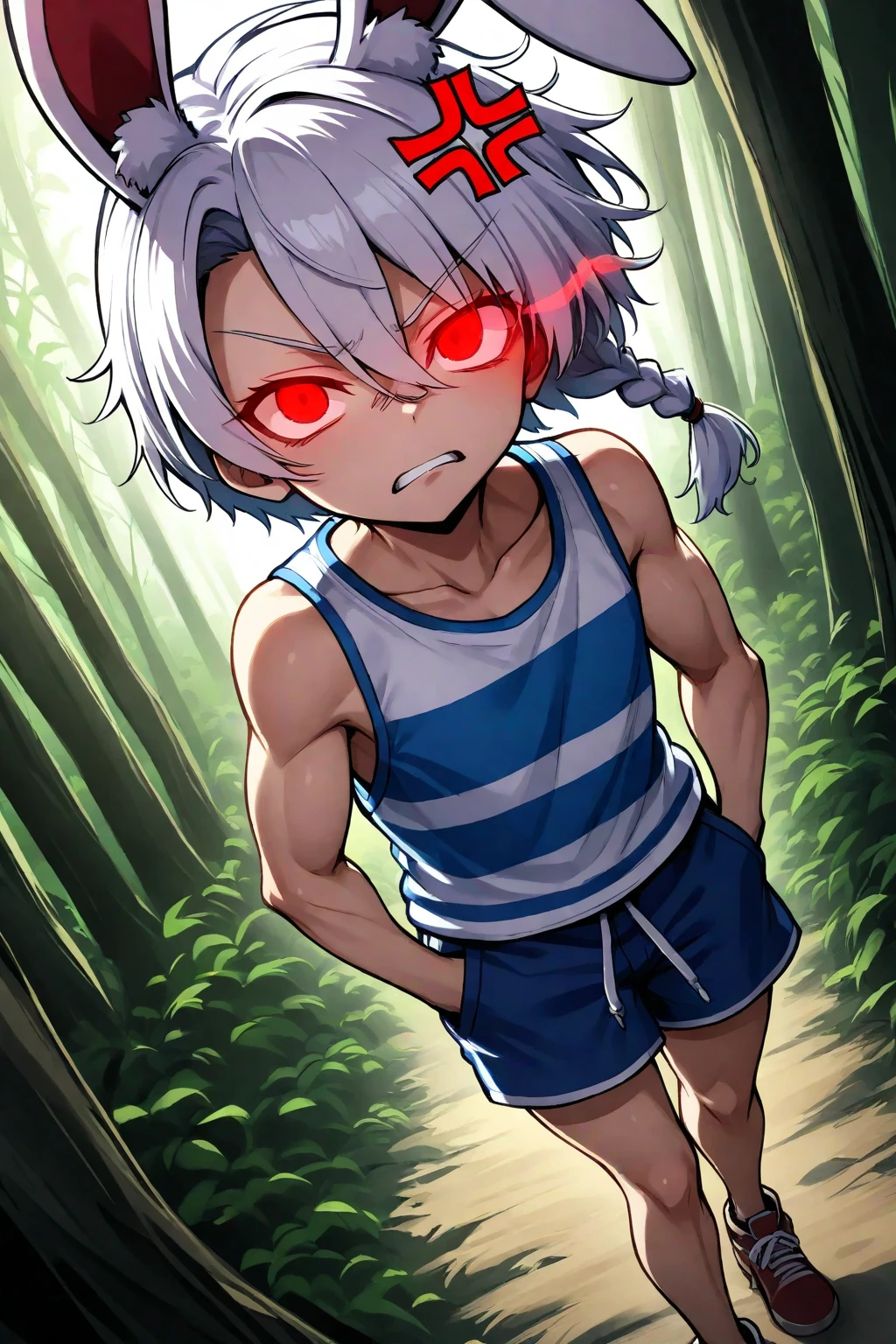 score_9, score_8_up, score_7_up, 1girl, solo, ???, flat chest, ghislainedef, dark skin, scar, abs, white eyepatch, long hair, gray hair, tail, red bandeau, green pants, open pants, red choker, belt, standing, surprised face, screaming, stiff hands, shaking, sweating, looking down, forest,