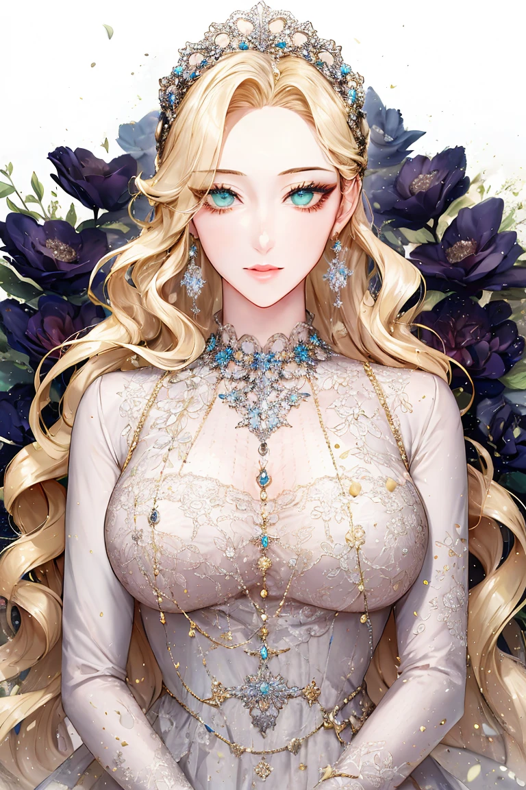 Kuroume_1024, ((shoujo-style, floral background, romance manhwa)), (close up), (1girl:1.2), platinum-blonde hair, solo, long hair, flower, dress, thick eyeblows, blue flower, wavy hair, closed mouth, collarbone, breast, cleavage, puffy sleeve, white dress, purple dress, elbow gloves, earrings, necklace, hair bow, face focus, beautiful face, detailed eyes, pupil, looking at viewer