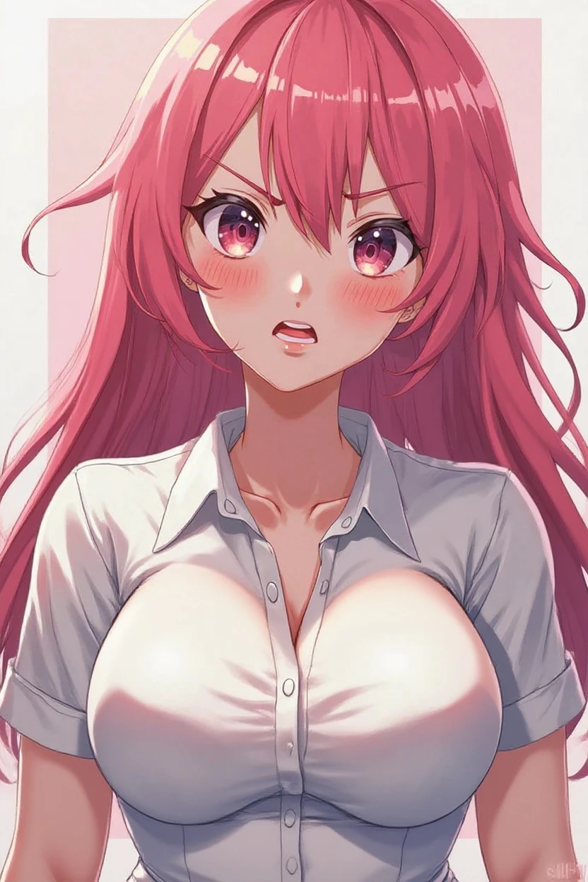 (masterpiece, best quality), 1girl, beautiful face, shirt, pink hair, pink eyes, juicy lips, seductive face, collared shirt, white shirt, necktie, cleavage, huge breasts, giant breasts, horns, braid, hypno eyes