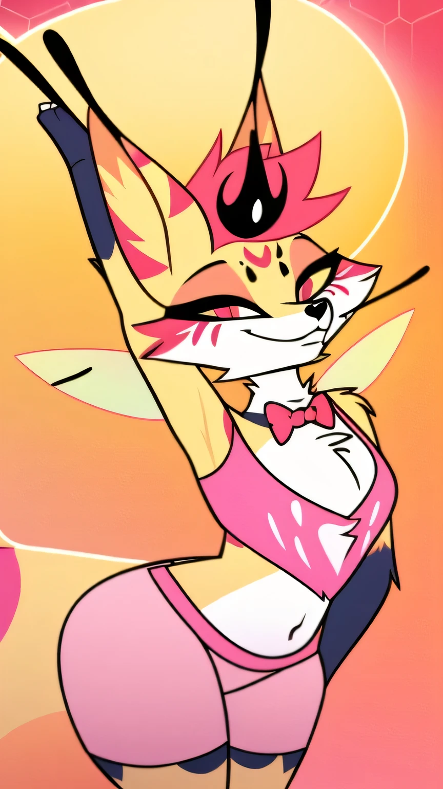 uploaded on e621, solo, queenbee, furry character, furry art, by Kilinah, Coffeesoda, Hioshiru, Kilinah, detailed fur, detailed eyes, girl, female, fox, femenine body, queenbee, anthro, bowtie, cute pose, portrait, tranquil, solo, (body fur:1.2), (best quality), (simple bedroom background:1.2), (detailed fluffy fur:1.1), looking at viewer, tail, thumbs, nakedt , seductive look, half-closed eyes, (two-tone fur), nakedt, ass focus, ass, from behind, nakedt