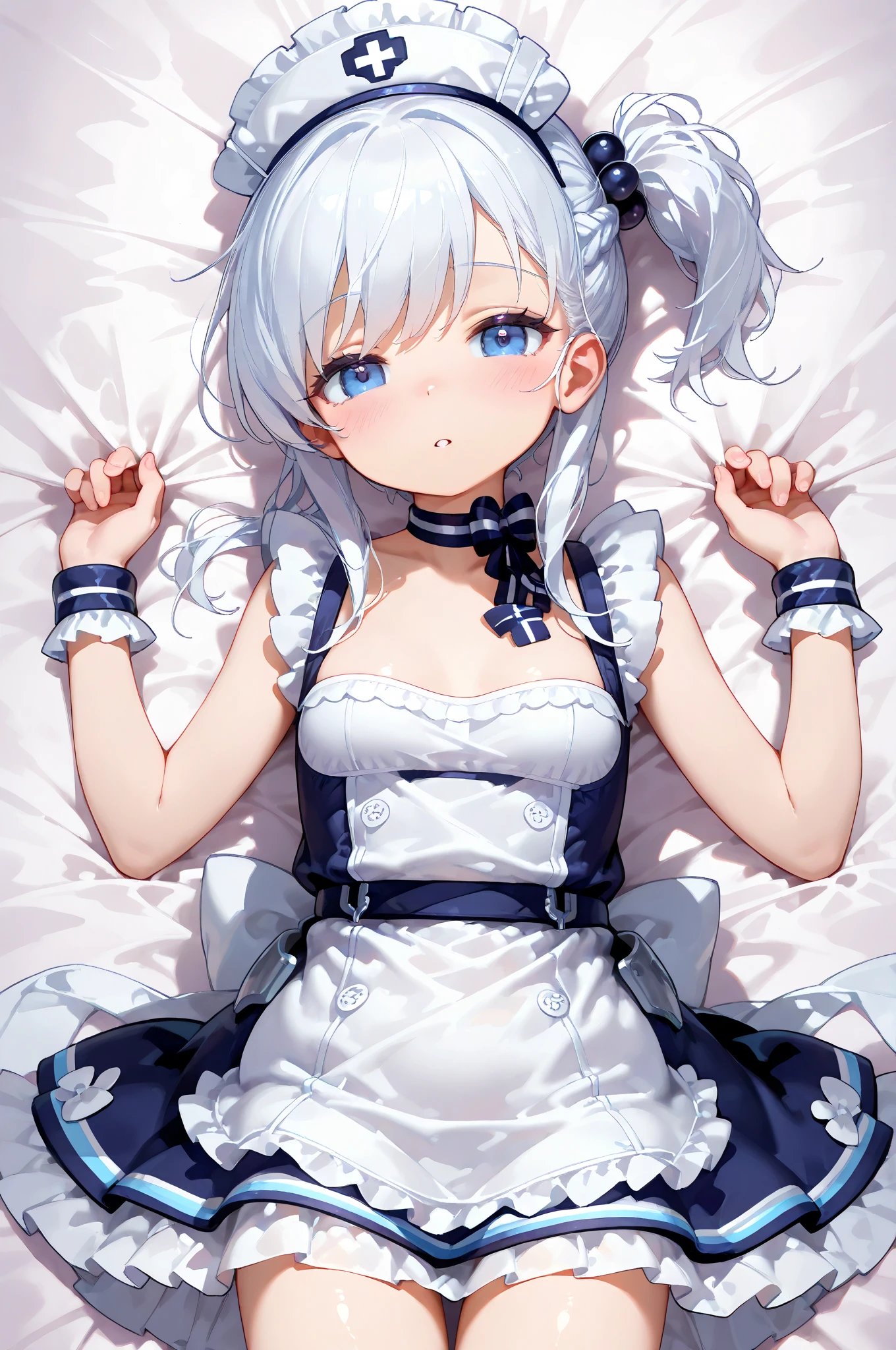 (8K, Highest Quality, Masterpiece:1.3)), Ultra High Resolution, (1 girl, solo), (Color changing eyes, Highly detailed, Expressive glow, Sparkling eyes), Highly detailed eyes, Highly detailed face, Random hair, (Silver-grey color), Hair clip, Flat chest, Sexy maid outfit, (Embarrassed face:1.1), (Bed, Sunset:1.1), Low angle, On all fours, Bra is slightly visible