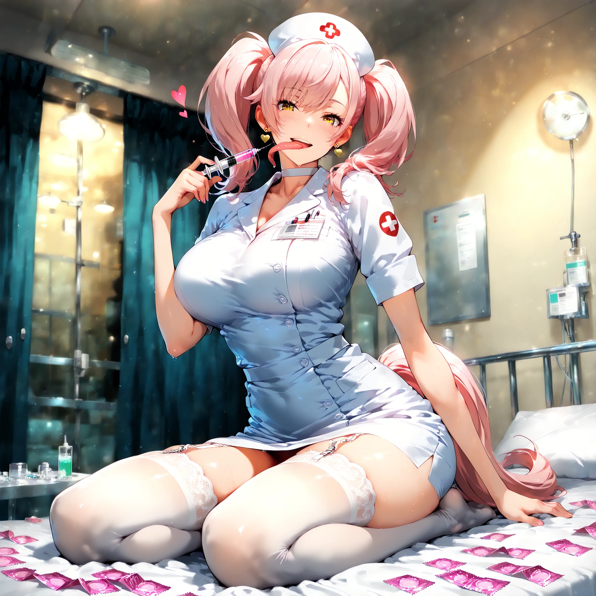 Beautiful African female idol,NSFW,black skin,
,enchanting smile,(sensual:1.5),
thin legs、get down on all fours、focus on the chest,(excess semen:1.2),
(shiny pink nurse:1.3),Glossy latex tights,bottomless,high heels,
(Pink Bed 1.5),Oral acts,((handjob)),Bukkake