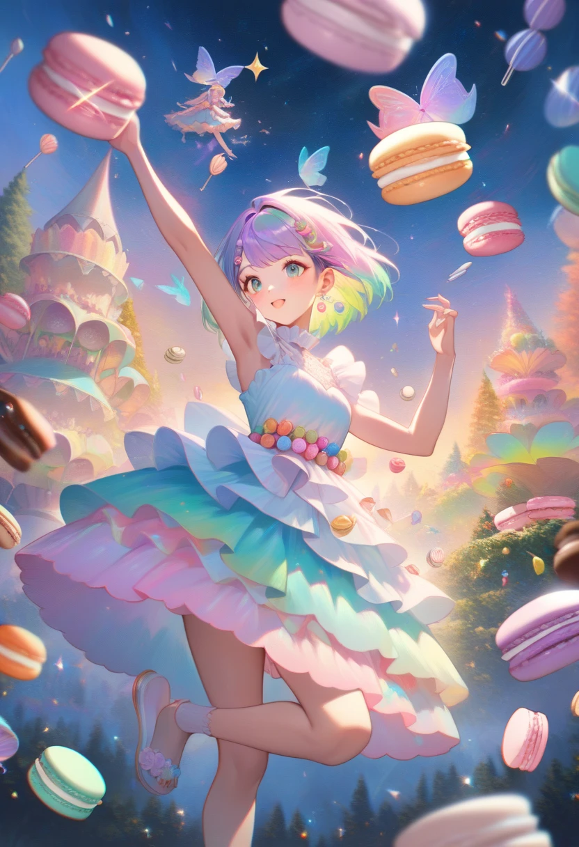 1girl, ice cream, napolitan flavor, ((color palette: brown, pink, vanilla off-white)), pretty, hearts, sparkles, star effects, bokeh, cute, happy, jumping floating, pattern background, ice cream shop, icecream car, 🍦🍨🍭, tasty trifecta of classic ice cream flavors