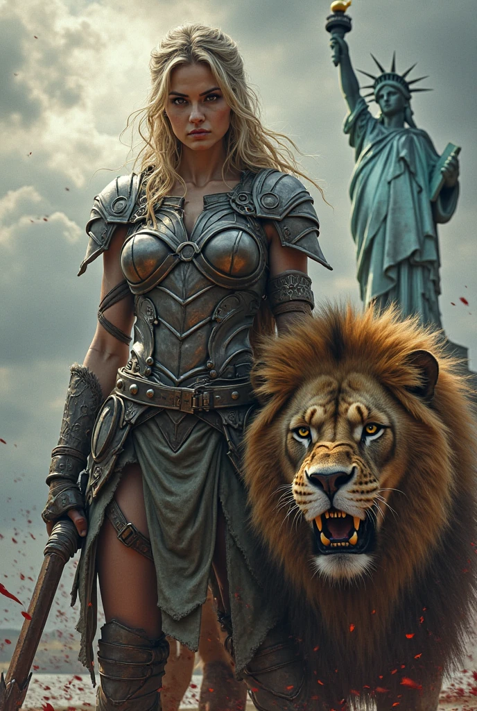 (masterpiece, best quality, 8k:1.2), highly detailed facial features, beautiful and flawless face, perfect eyes, best shadow, Sexy and beautiful female, valkyrie, walking a lion, Lion king, fighting, Ancient Roman Colosseum, massive scale stunning environment