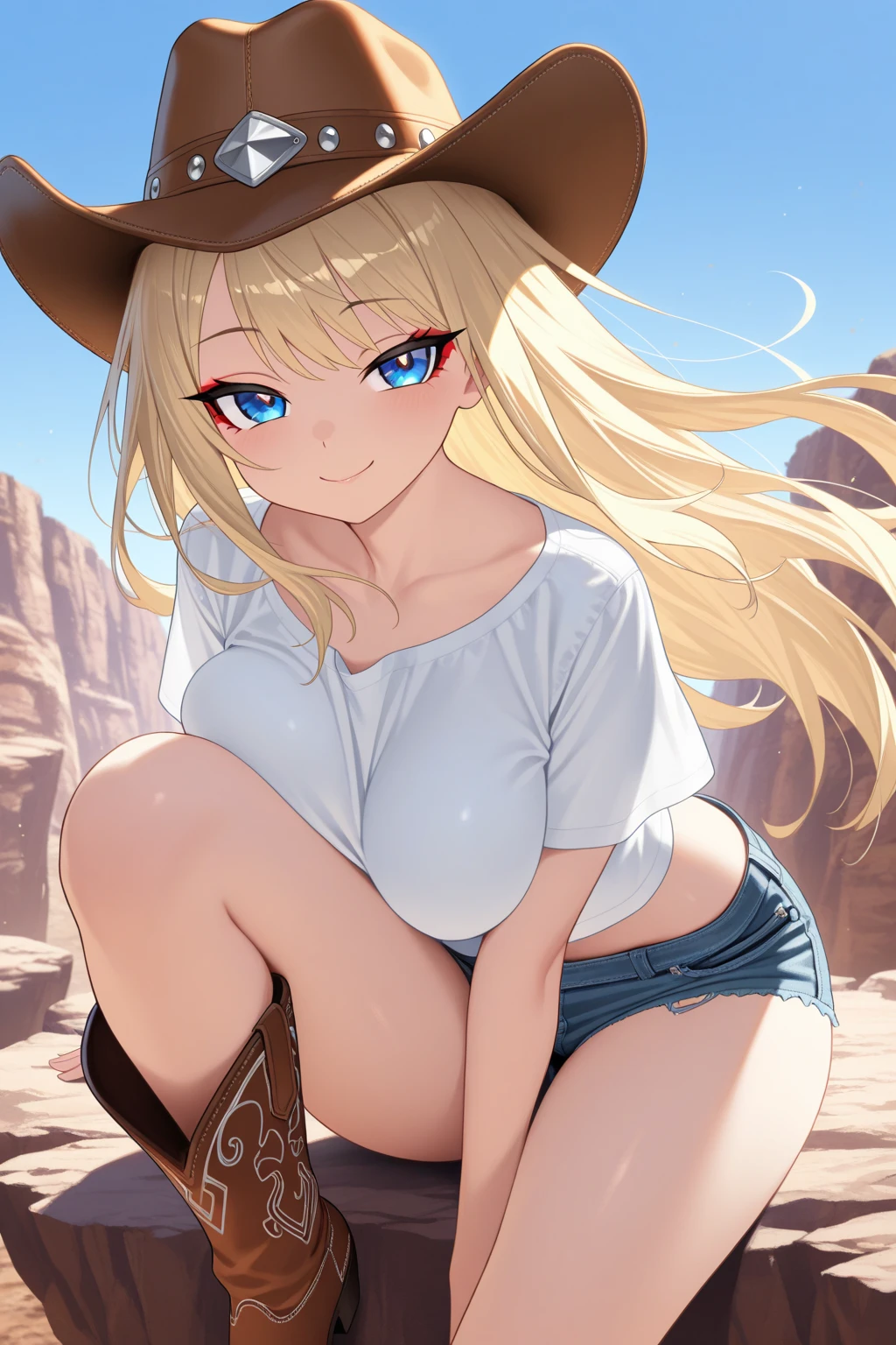 cute woman, amorous and lewd face, blonde half-up straight long hair, make-up, blue eyes, superlative body proportion, covered in tattoos, wearing open shirt, short jeans pants, western boots, twilight time, bright stars in the background, (ultra detailed, absolutely resolution, best quality:1.3), 2.5D, delicate and dynamic, artistic photography, hyper realistic, graphic CG digital anime-style art
