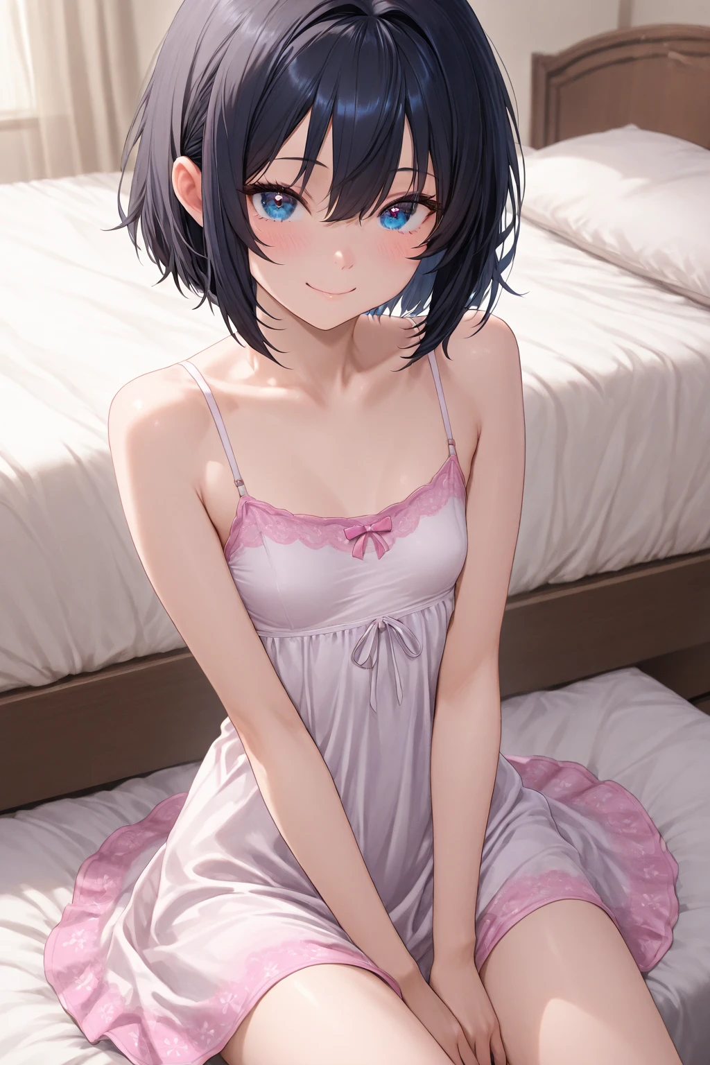 On the bed, naked, embarrassed expression, legs spread, hands covering crotch, masterpiece, best quality, 1girl, young girl, ponytail, black hair, big eyes, wearing a frilly dress, cheerful expression, (anime style:1.2)