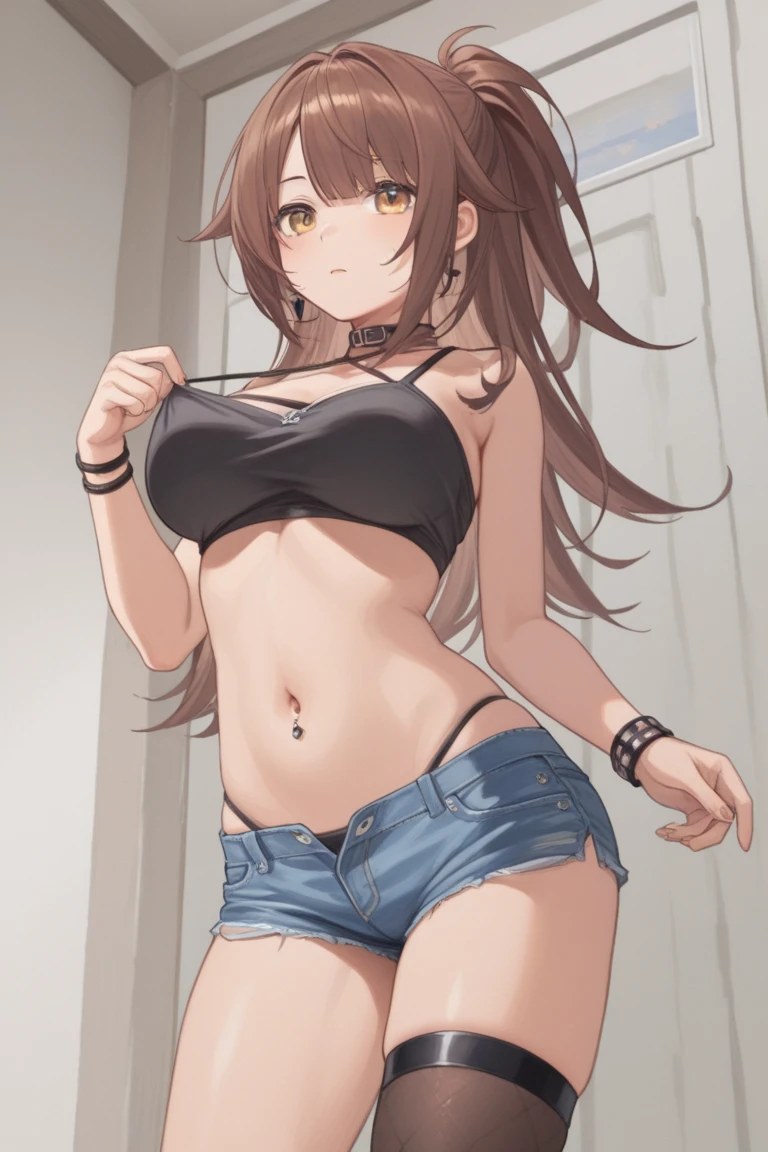 1girls big breasts bra breast grab brown bra brown hair brown panties female grabbing own breast long hair looking at viewer navel panties parted bangs sexually suggestive solo suggestive suggestive look teacher thong wide hips